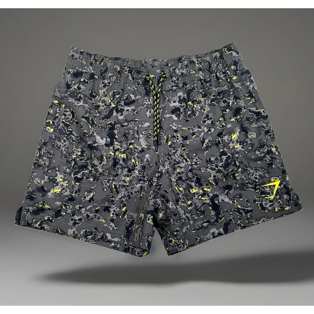 Gymshark Mens Medium Camo Print Athletic Workout Running Shorts Yellow Grey